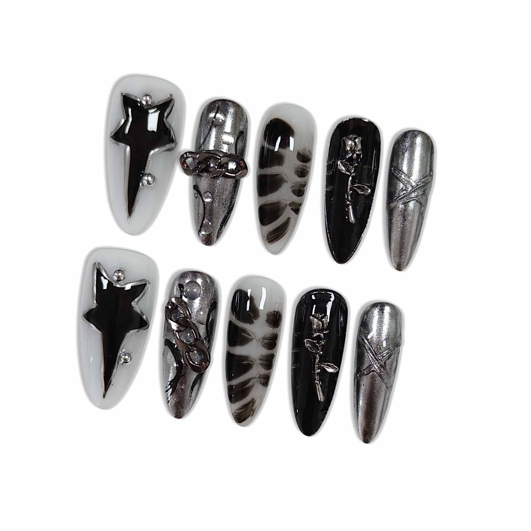 Hantyer Black Press on Nails with Hand-Painted Stars, Rose Charms & Silver Decor, Long Almond Glossy Gothic Fake Nails, Reusable Dark Romantic False Nails for Women Goth Party Halloween