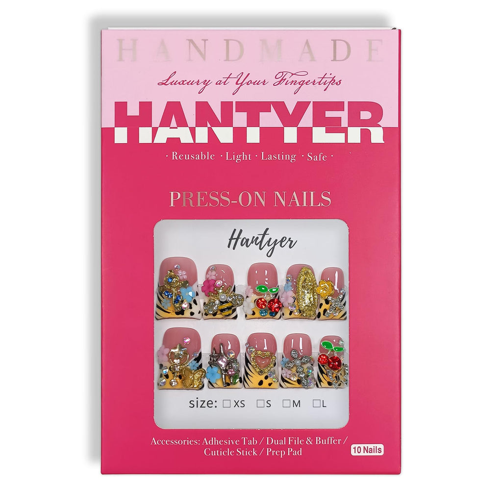 Hantyer 10pcs Leopard French Tip Press On Nails Sweet Cool Style, Short Duckbill Nails with 3D Embossed Petals & Metal Decor, Icy Glossy Finish, Reusable, Easy to Apply & Carry for Parties