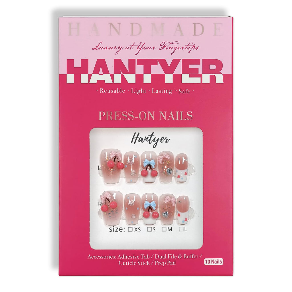 Hantyer 10pcs Sweet Style Press on Nails, Short Coffin Glossy Fake Nails, Pink French Tips with 3D Cherry & Bow Design, Reusable Easy to Apply False Nails for Women