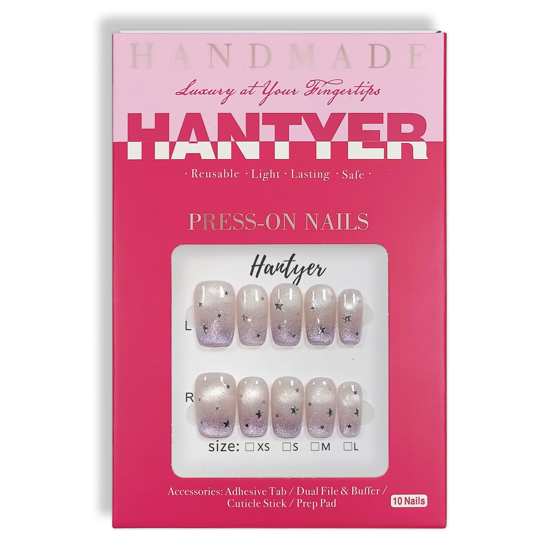 Hantyer 10pcs Press on Nails, Medium Coffin Glossy Fake Nails, Lavender Cat Eye French Tips with Silver Stars, Reusable False Nails for Women, Sweet Galaxy Nails for Party