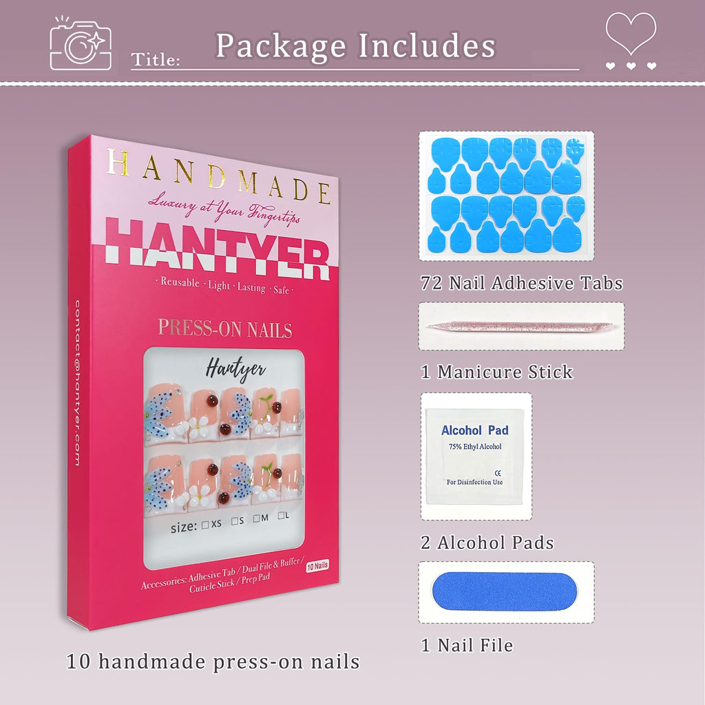 10pcs White French Tip Press on Nails with 3D Carved Flowers & Ladybug Charms, Short Duck Nails Glossy Sweet Fake Nails, Reusable Kawaii Insect False Nails for Party Spring Picnic