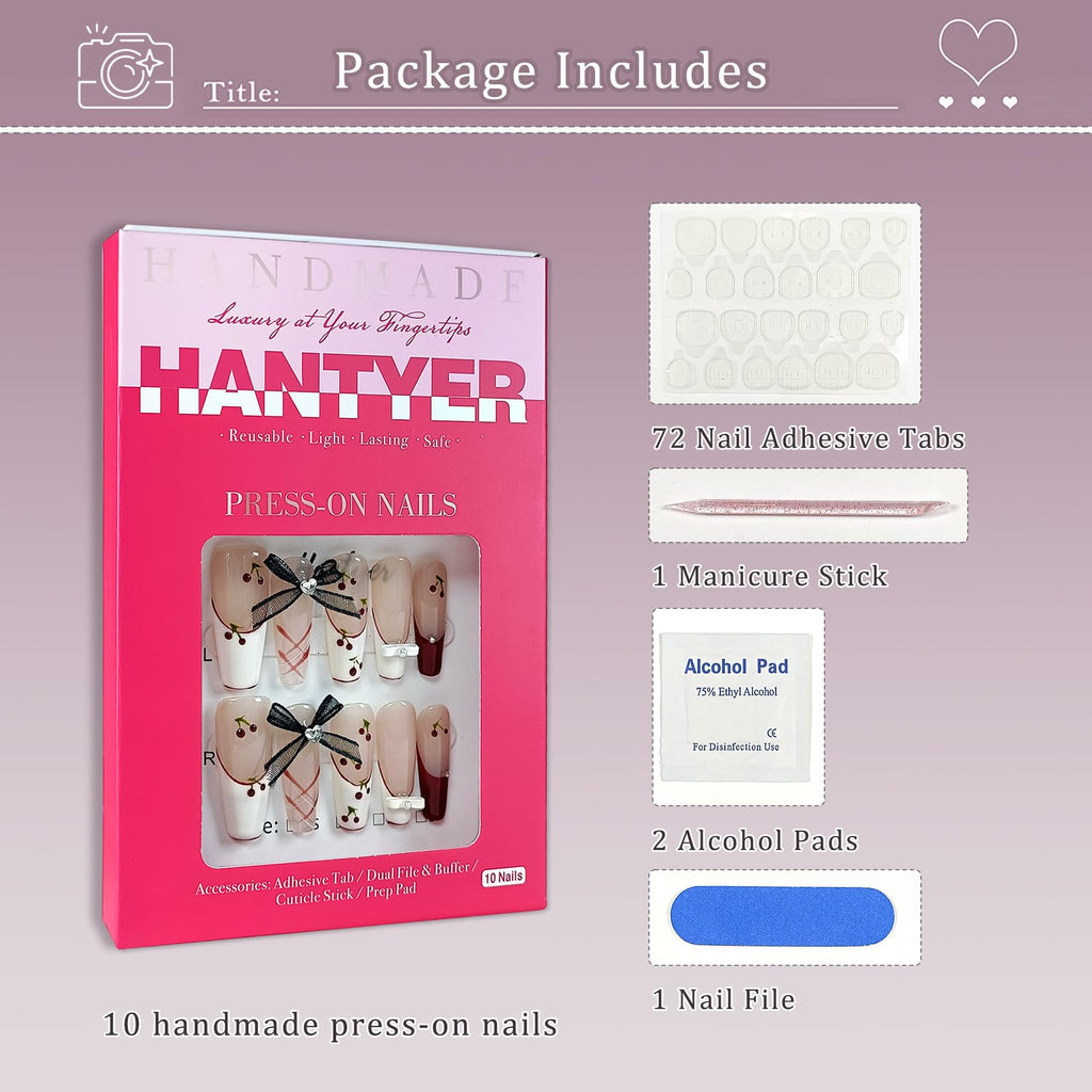 Hantyer Ballet Press On Nails Long Coffin,French Red White Fake Nails Tips with Cherry Checker Design, 3D Bow Retro Cute Cat Eye False Nails for Sweet Edgy Daily Style 10PCS Nails with Tools Kits