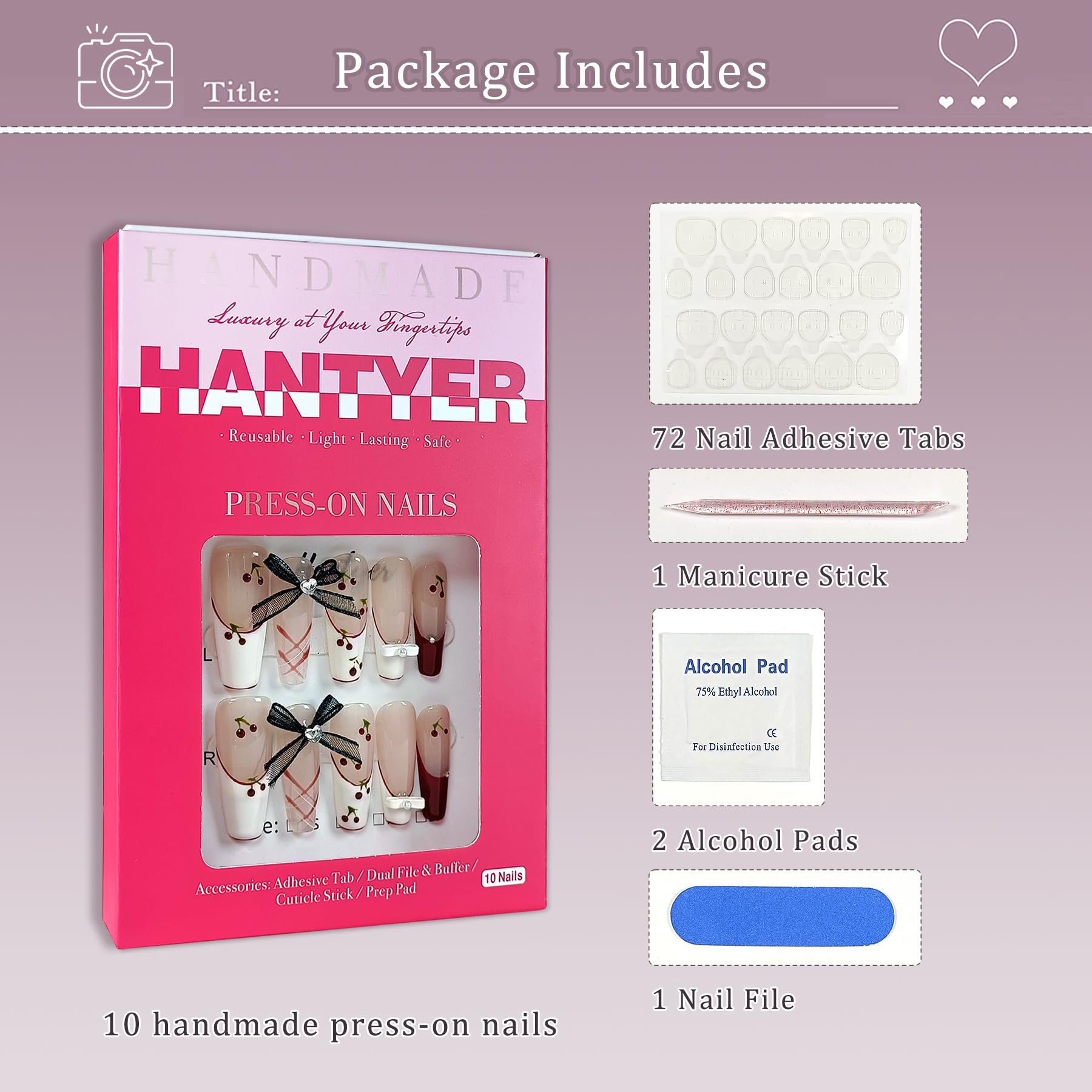 Hantyer Ballet Press On Nails Long Coffin,French Red White Fake Nails Tips with Cherry Checker Design, 3D Bow Retro Cute Cat Eye False Nails for Sweet Edgy Daily Style 10PCS Nails with Tools Kits