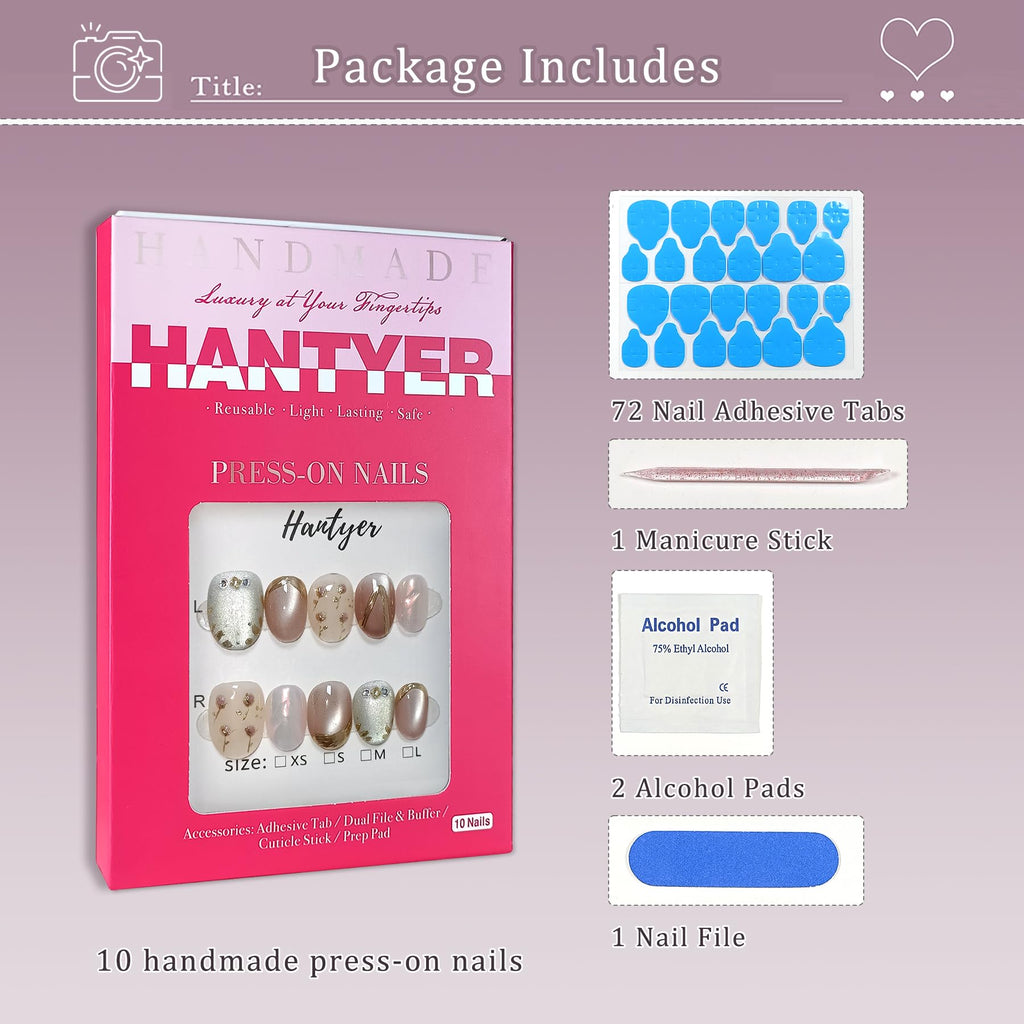 Hantyer Soft Glam Pink Cat Eye Press on Nails with Hand-Painted Tulips, Rhinestones & Gold Lines - Short Oval Glossy Fake Nails, Reusable Elegant False Nails for Women Fall Winter Party Date