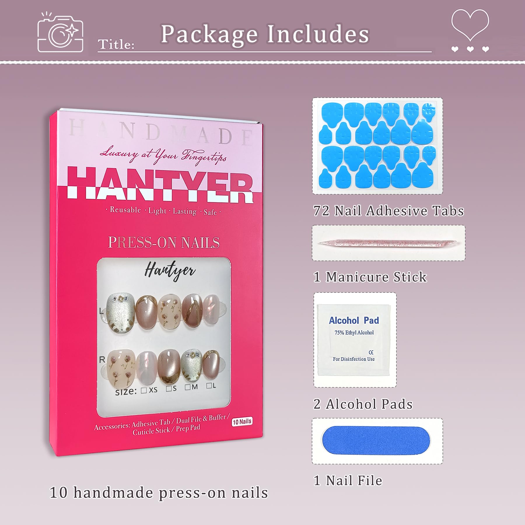 Hantyer Soft Glam Pink Cat Eye Press on Nails with Hand-Painted Tulips, Rhinestones & Gold Lines - Short Oval Glossy Fake Nails, Reusable Elegant False Nails for Women Fall Winter Party Date