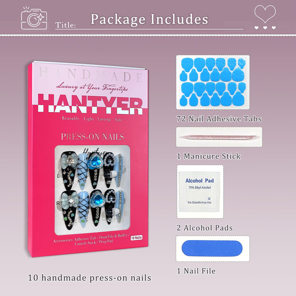 Hantyer Gothic Blue Press on Nails with Tools Kit, 10pcs Long Stiletto Matte Black & Blue Nails, Blue Rhinestones, Bows & 3D Hand-Painted Art, Reusable & Easy Apply for Night Events