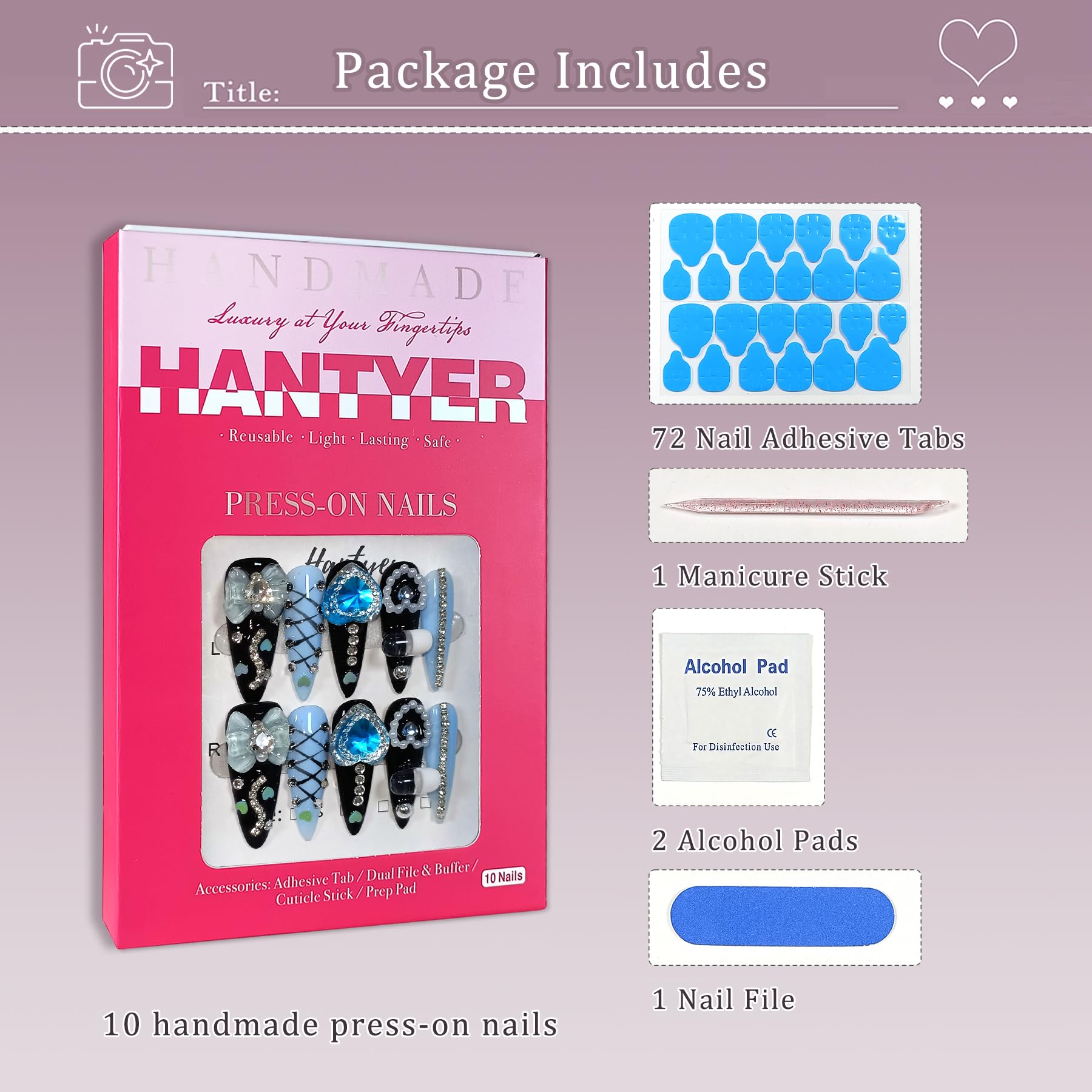 Hantyer Gothic Blue Press on Nails with Tools Kit, 10pcs Long Stiletto Matte Black & Blue Nails, Blue Rhinestones, Bows & 3D Hand-Painted Art, Reusable & Easy Apply for Night Events