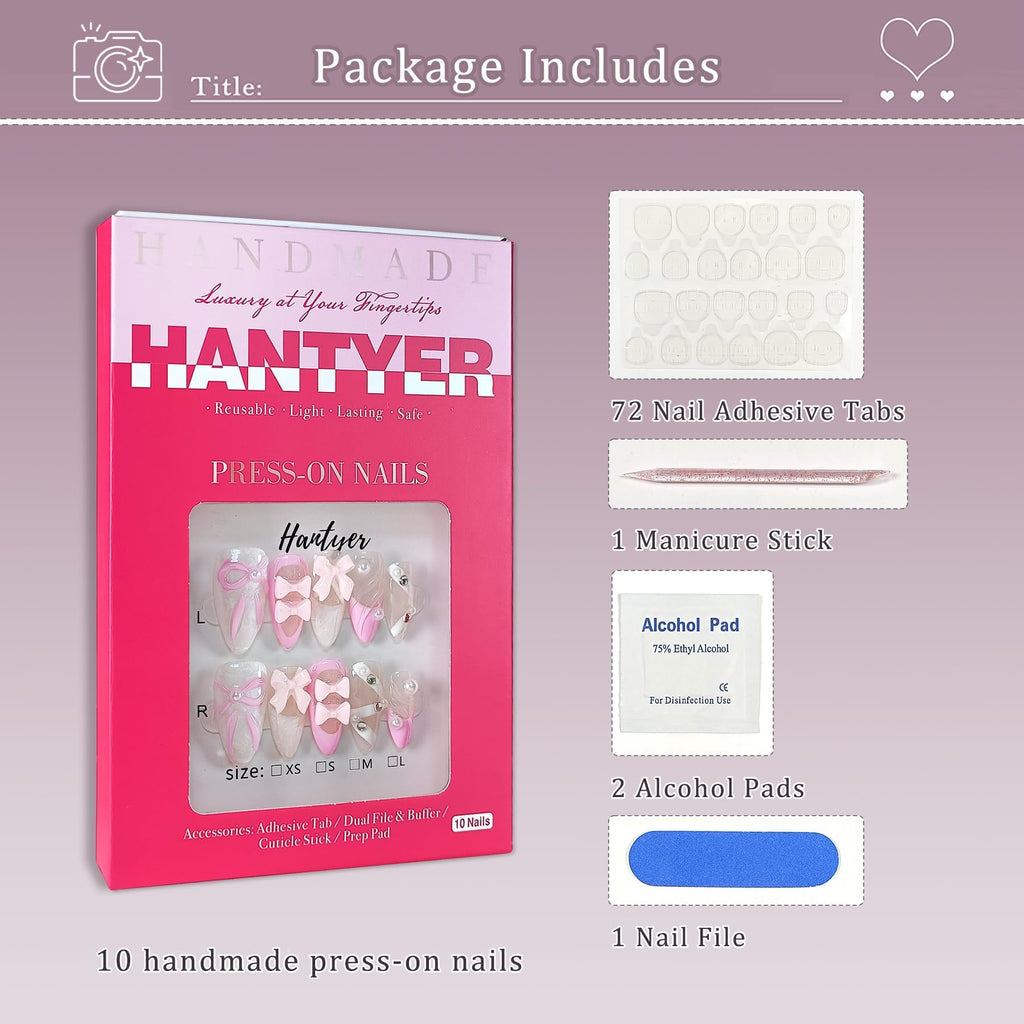 Hantyer 10PCS French Ballet-Inspired Press on Nails with Tools Kit, Medium Almond Glossy Nails in Pink & White, Gel Nails with 3D Bows, Pearls & Rhinestones, Sweet-Edgy Style for Women