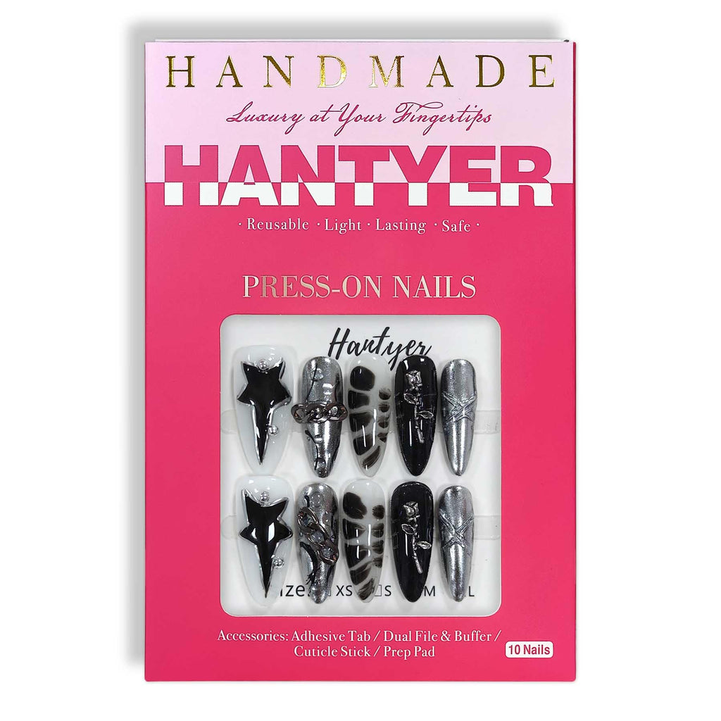 Hantyer Black Press on Nails with Hand-Painted Stars, Rose Charms & Silver Decor, Long Almond Glossy Gothic Fake Nails, Reusable Dark Romantic False Nails for Women Goth Party Halloween