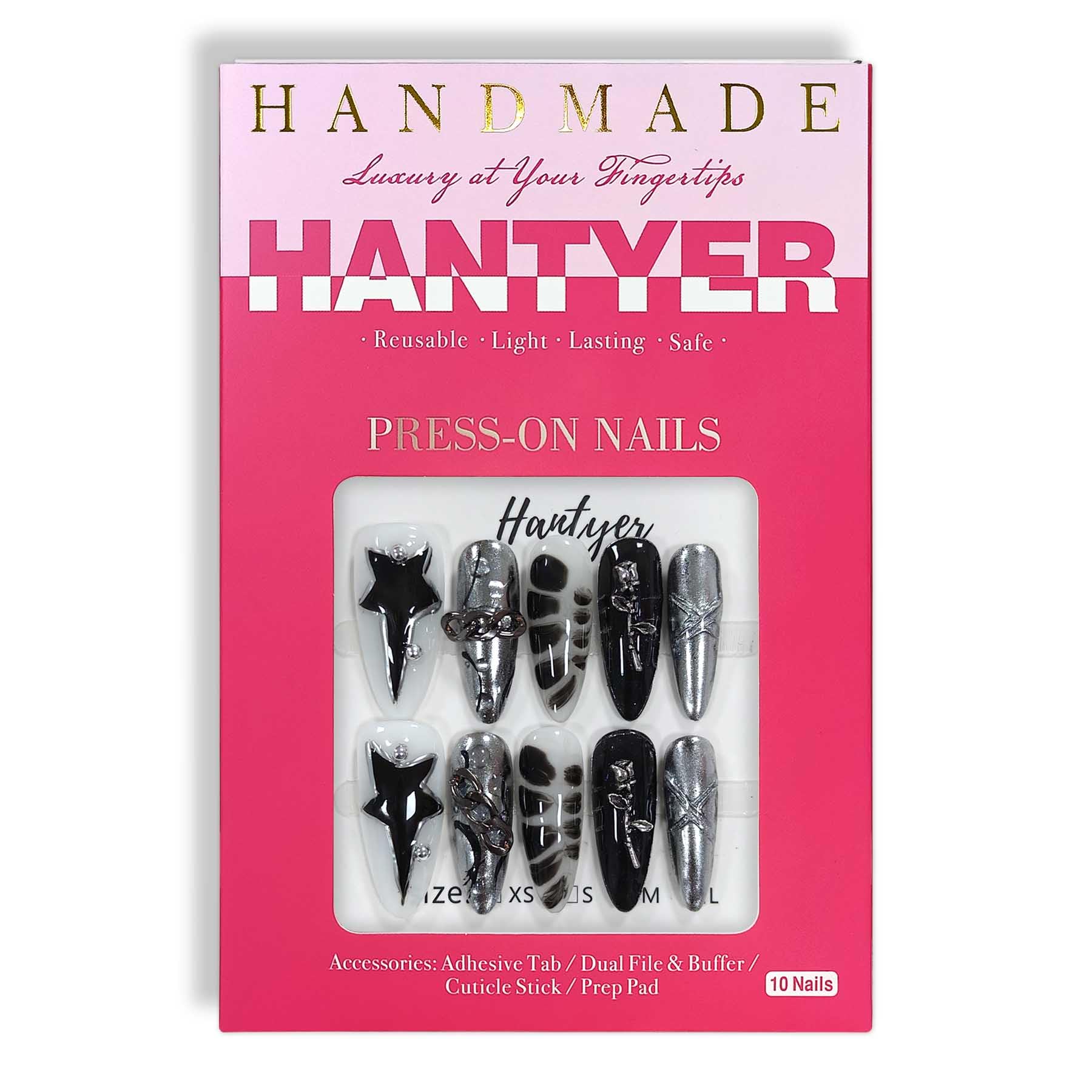 Hantyer Black Press on Nails with Hand-Painted Stars, Rose Charms & Silver Decor, Long Almond Glossy Gothic Fake Nails, Reusable Dark Romantic False Nails for Women Goth Party Halloween