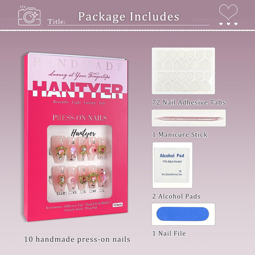Hantyer Y2K Press on Nails with Tools Kit, Medium Long Coffin Glossy Nails, Fake Nails in Pastel Pink, False Nails with 3D Moon Charms, Kawaii Style for Anime Parties & Special Events