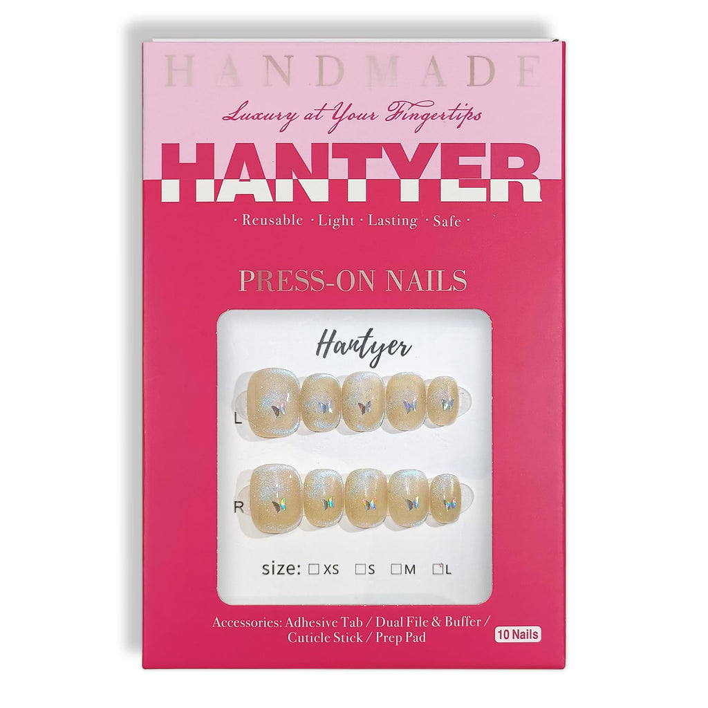 Hantyer Short Squoval Press On Nails, Handmade Soft Gel Iridescent Butterfly Fake Nails with Holographic Shimmer & Sheer Design, Dreamy Full Cover Reusable False Nails 10PCS Kit