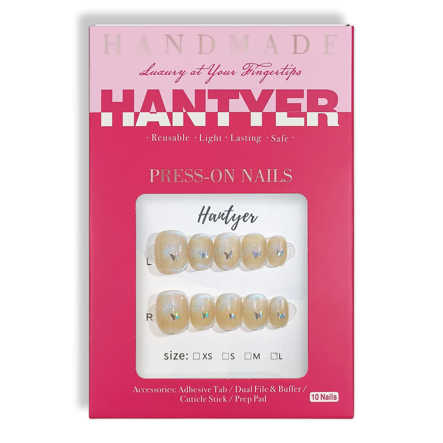 Hantyer Short Squoval Press On Nails, Handmade Soft Gel Iridescent Butterfly Fake Nails with Holographic Shimmer & Sheer Design, Dreamy Full Cover Reusable False Nails 10PCS Kit