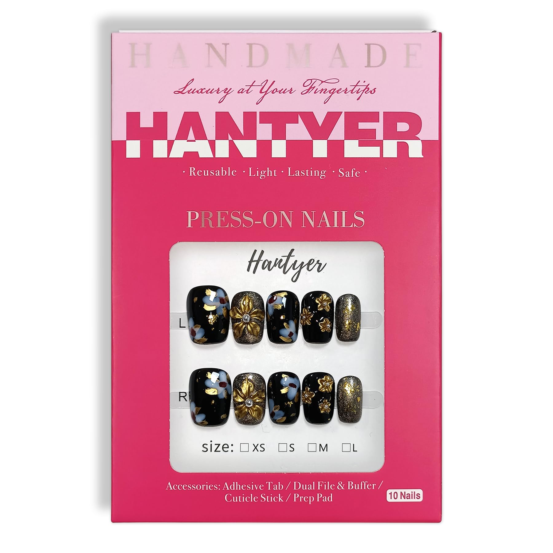 Hantyer Black Press on Nails with Handmade 3D Gold Flowers & Gold Lines - Short Square Glossy Luxury Fake Nails, Reusable Elegant Vintage False Nails for Women Fall Winter Party Evening Gala