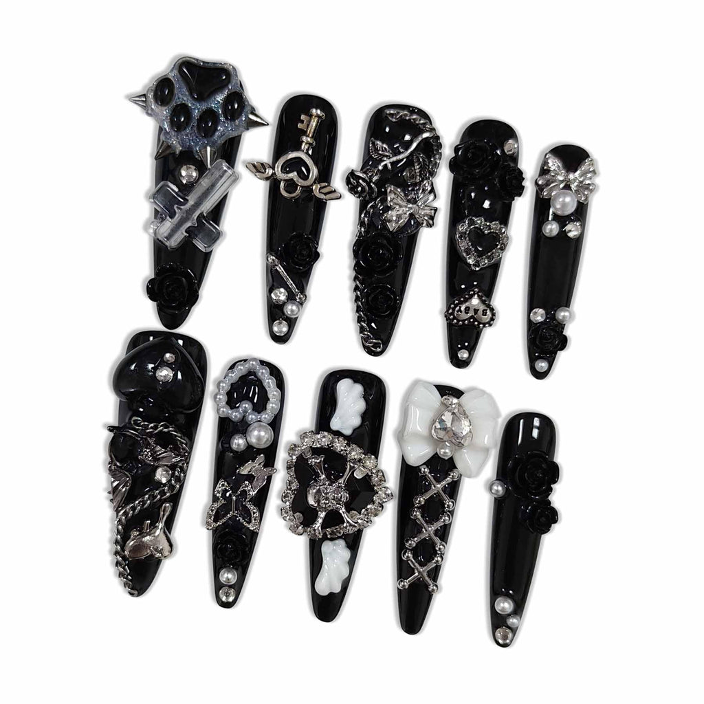 Hantyer 10pcs Black Press on Nails with Dog Paw Print, Cross Charms & Silver Decor, Long Stiletto Glossy Gothic Fake Nails, Reusable Dark Edgy False Nails for Women Goth Party Halloween