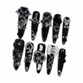 Hantyer 10pcs Black Press on Nails with Dog Paw Print, Cross Charms & Silver Decor, Long Stiletto Glossy Gothic Fake Nails, Reusable Dark Edgy False Nails for Women Goth Party Halloween