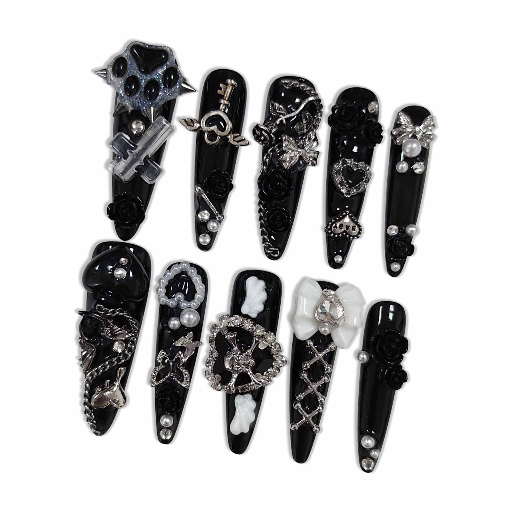 Hantyer 10pcs Black Press on Nails with Dog Paw Print, Cross Charms & Silver Decor, Long Stiletto Glossy Gothic Fake Nails, Reusable Dark Edgy False Nails for Women Goth Party Halloween