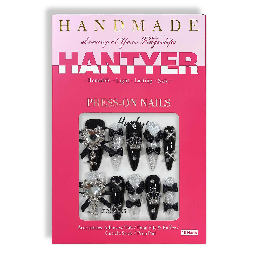 Hantyer 10pcs Black Press on Nails with Heart Rhinestones & Silver Charms, Long Stiletto Glossy Dark Edgy Fake Nails, Reusable Gothic Glam False Nails for Women Night Party Valentine's Day