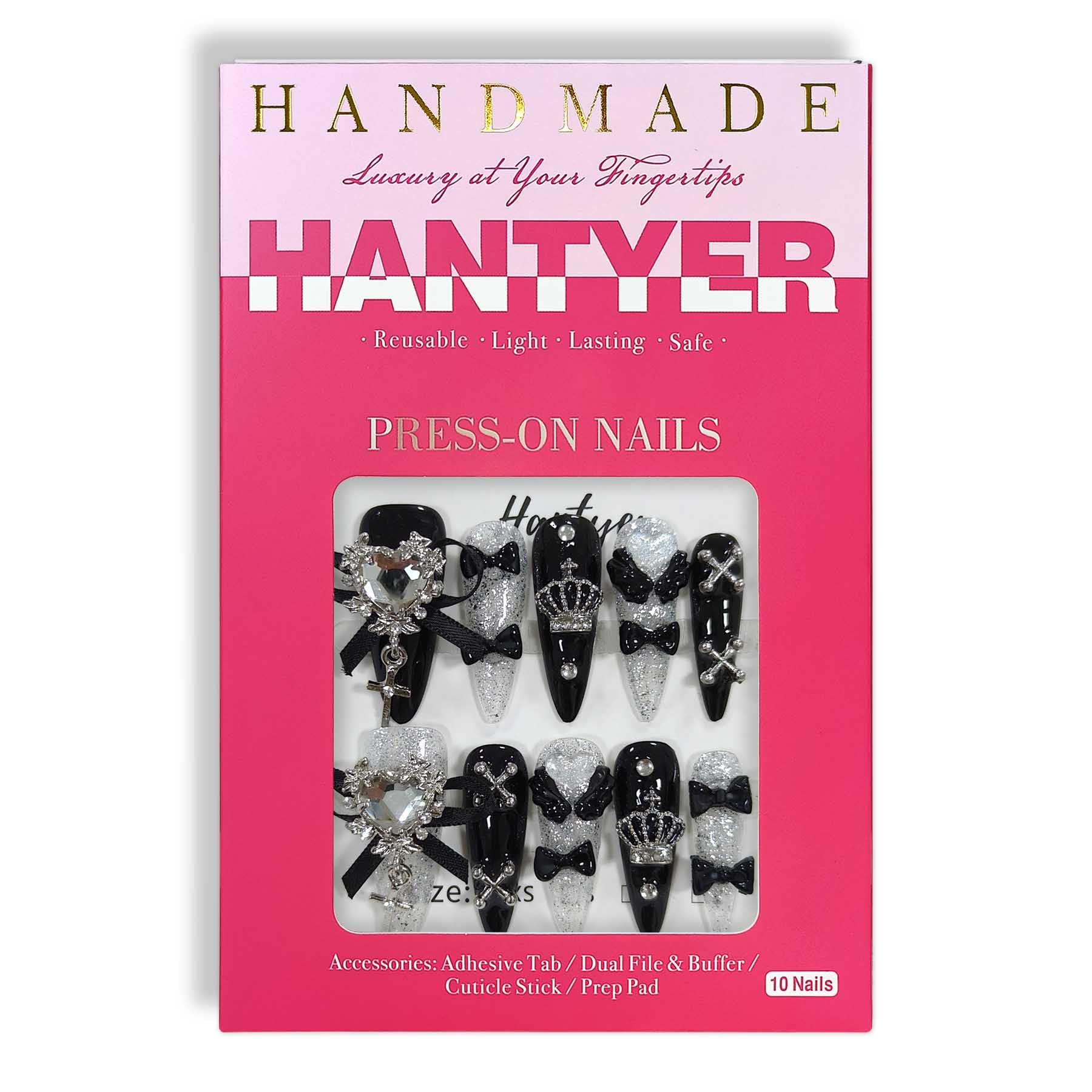 Hantyer 10pcs Black Press on Nails with Heart Rhinestones & Silver Charms, Long Stiletto Glossy Dark Edgy Fake Nails, Reusable Gothic Glam False Nails for Women Night Party Valentine's Day