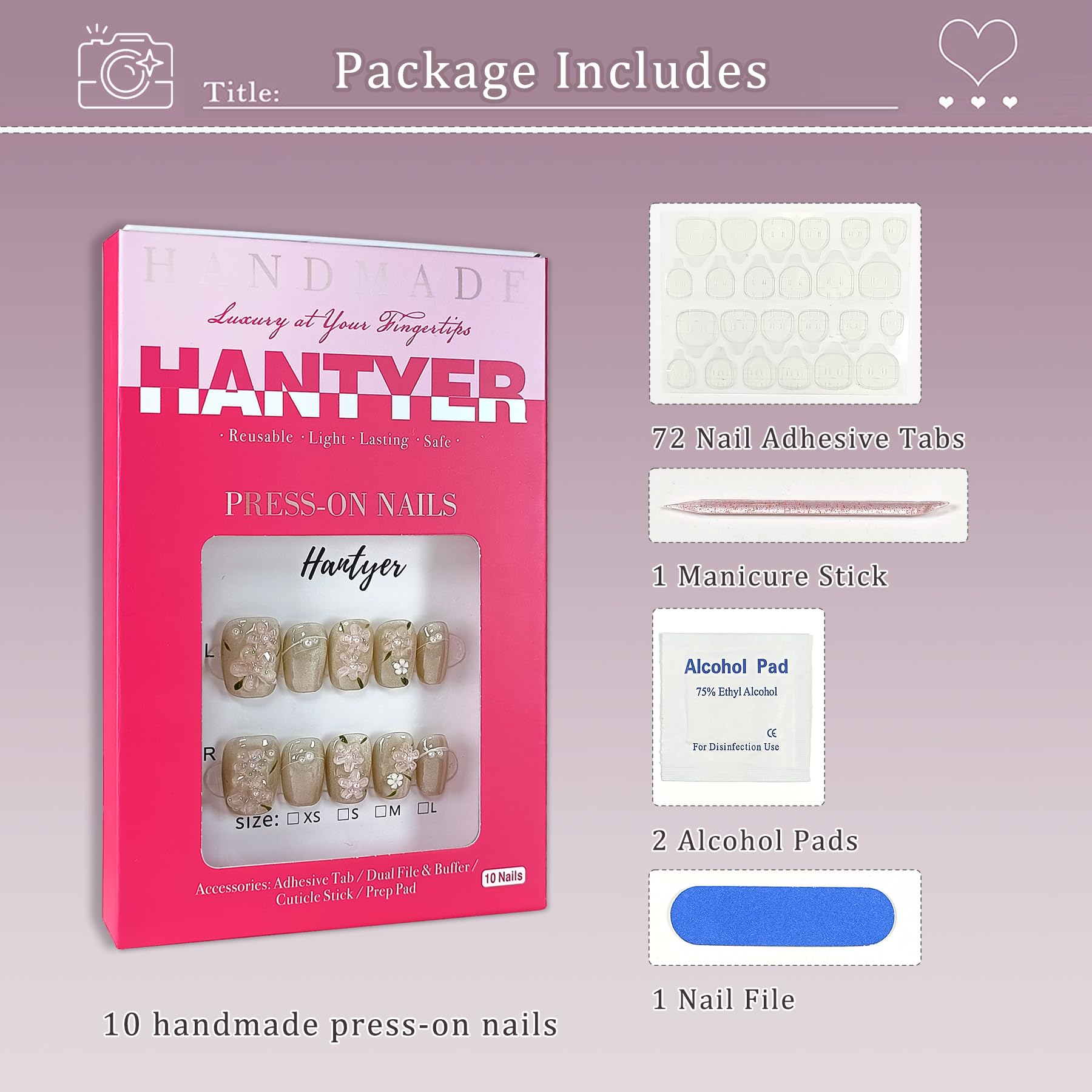 Hantyer Press on Nails | Short Coffin Fake Nails with Cat Eye Design, 3D Floral & Pearl Accents, False Nails with Icy Tea Glossy Finish, Reusable Handmade Nails in Sweet Style for Women