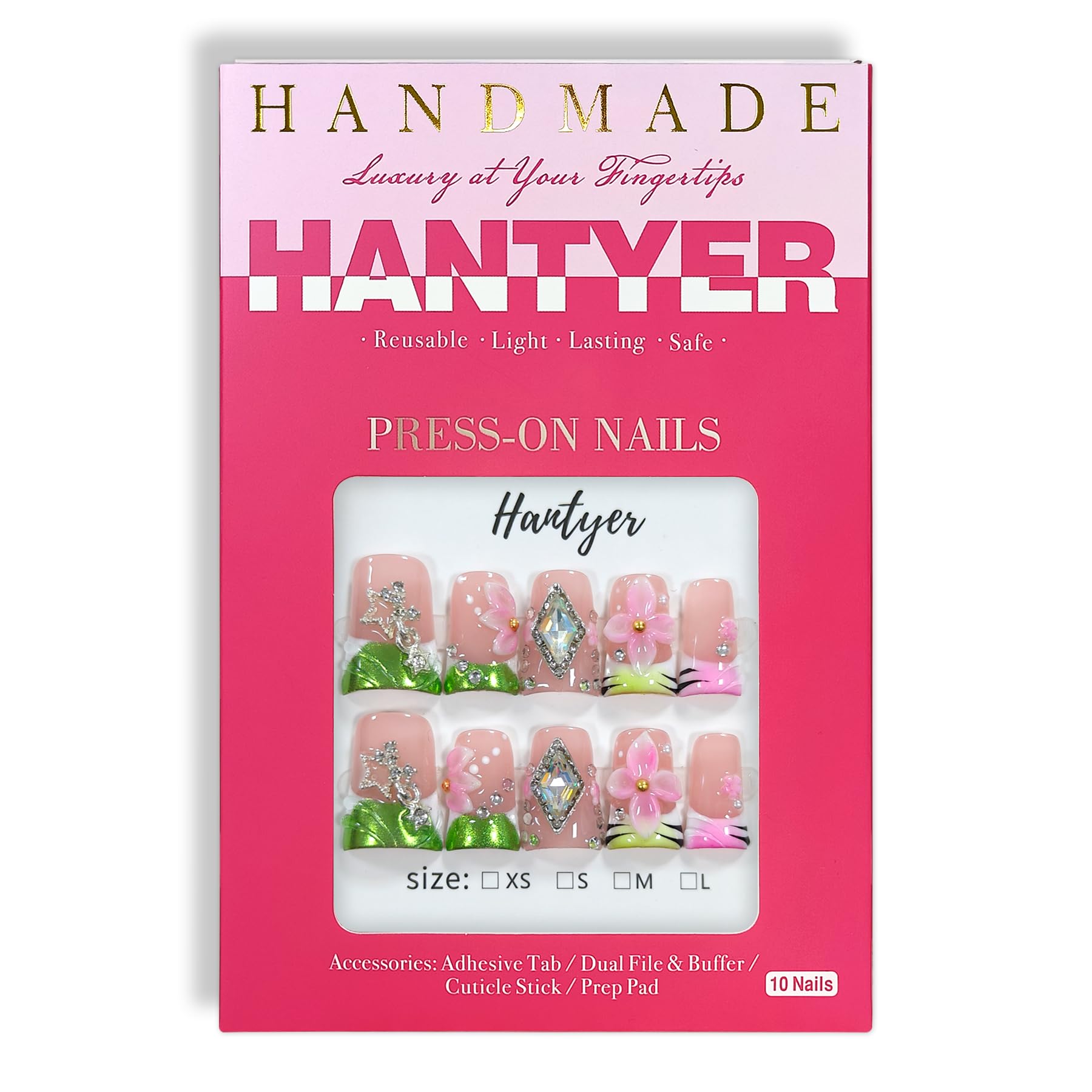 Hantyer 10pcs Green French Tip Press on Nails with 3D Carved Flowers & Rhinestone Charms, Short Duck Nails Glossy Iced Sweet Fake Nails, Reusable Elegant False Nails for Women Spring Party