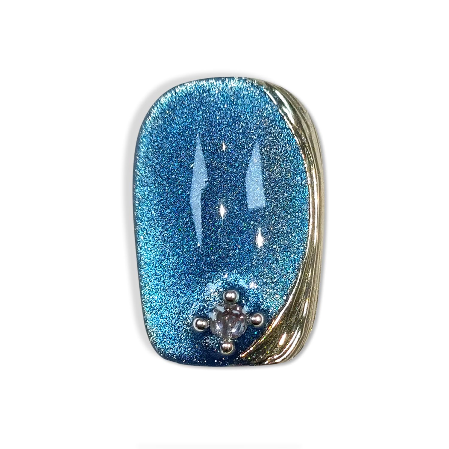 Hantyer Short Square Press On Nails,Baroque Style Blue Cat Eye Mirror Powder Sparkling Ice Design Fake Nails 10PCS with Tools Kits,Hand-Painted Gold Luxury False Nails for Elegant Daily Wear