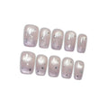 Hantyer 10pcs Press on Nails, Medium Coffin Glossy Fake Nails, Lavender Cat Eye French Tips with Silver Stars, Reusable False Nails for Women, Sweet Galaxy Nails for Party