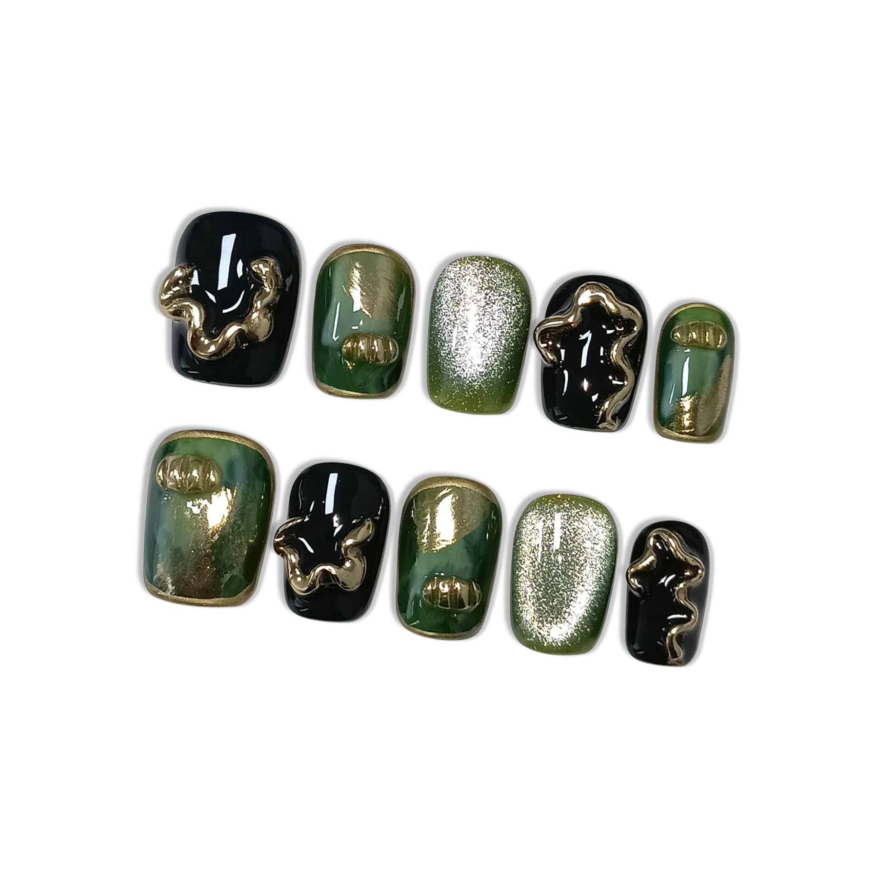 Hantyer Black to Dark Green Ombre Press on Nails with Hand-Painted Gold 3D Lines - Short Square Glossy Luxury Fake Nails, Reusable Elegant False Nails for Women Fall Winter Season Party