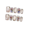 Hantyer 10pcs Press on Nails, Medium Coffin Glossy Fake Nails, Nude Cat Eye Nails with Colorful Dried Flowers & Gold Wire, Reusable Elegant False Nails for Wedding Party Date