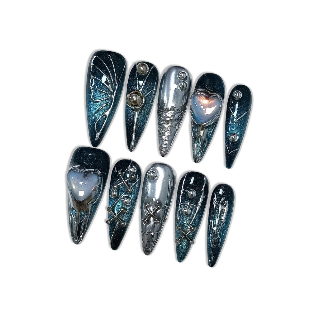 Hantyer Goth Press on Nails, Long Stiletto Glossy Nails in Black & Metallic Silver, Hand-Painted 3D Crosses & Butterflies with Blue Cat Eye, Celestial Style for Raves & Cosmic Parties