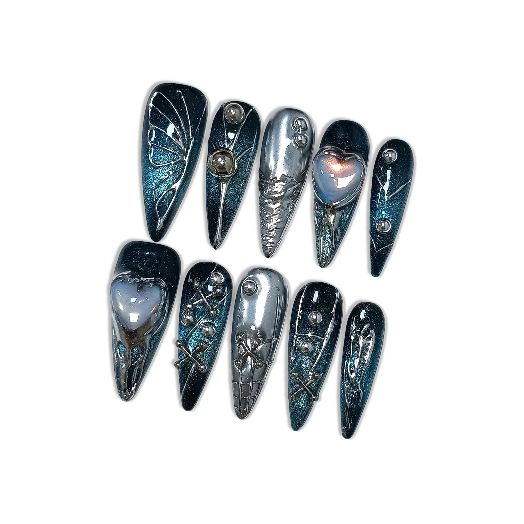 Hantyer Goth Press on Nails, Long Stiletto Glossy Nails in Black & Metallic Silver, Hand-Painted 3D Crosses & Butterflies with Blue Cat Eye, Celestial Style for Raves & Cosmic Parties