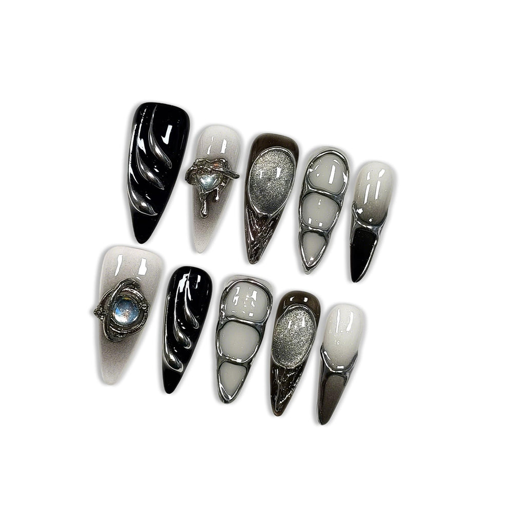 Hantyer Gothic Press on Nails with Tools Kit, 10pcs Long Stiletto Glossy Nails in Black & Metallic Silver, Hand-Painted 3D Art & Round Cat Eye Charms, Edgy Style for Concerts & Parties