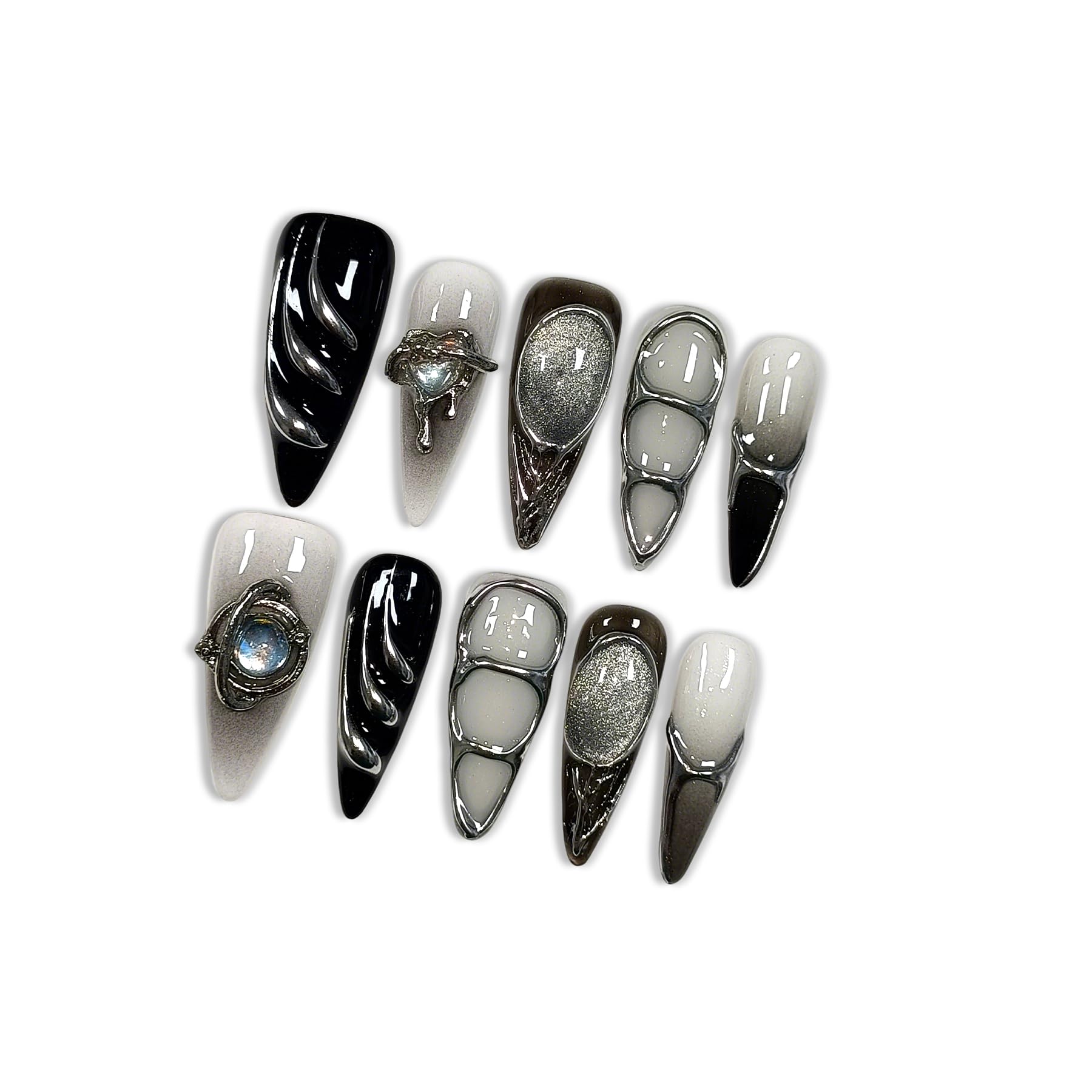 Hantyer Gothic Press on Nails with Tools Kit, 10pcs Long Stiletto Glossy Nails in Black & Metallic Silver, Hand-Painted 3D Art & Round Cat Eye Charms, Edgy Style for Concerts & Parties