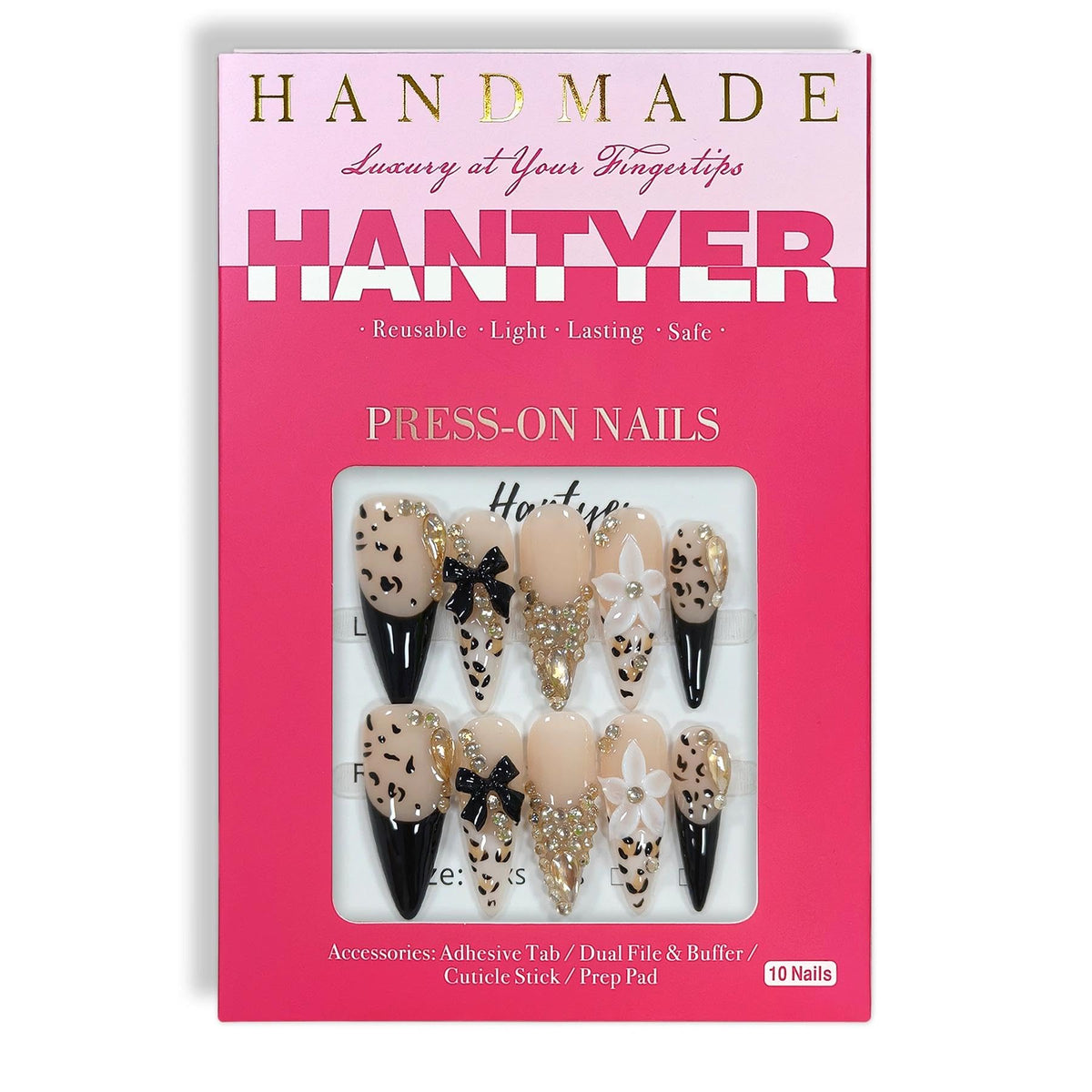 Hantyer Leopard Print French Tip with Black Edge Press on Nails, 3D Floral Carving & Rhinestone Accents, Long Stiletto Glossy Iced Fall Winter Fake Nails, Reusable Edgy False Nails for Party