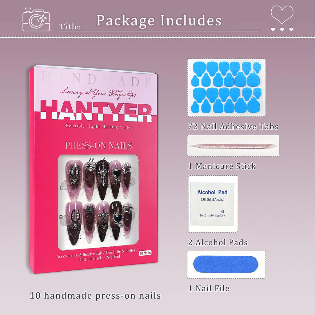 Hantyer Y2K Punk Press on Nails with Tools Kit, 10pcs Long Stiletto Glossy Black & Pink Gradient Nails, Silver Studs, Black Rhinestones & 3D strips, Edgy Style for Concerts & Night Events