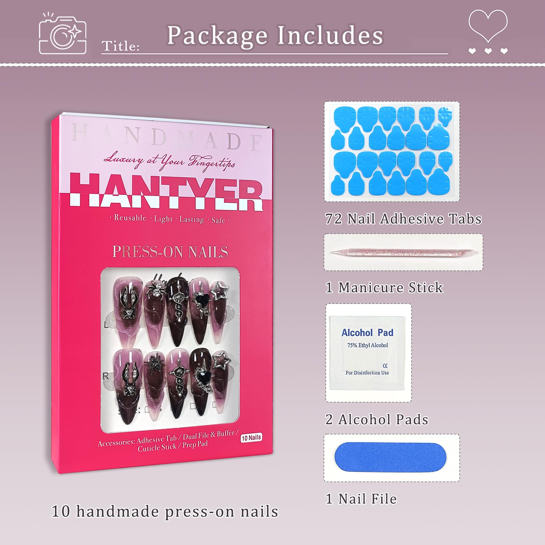 Hantyer Y2K Punk Press on Nails with Tools Kit, 10pcs Long Stiletto Glossy Black & Pink Gradient Nails, Silver Studs, Black Rhinestones & 3D strips, Edgy Style for Concerts & Night Events