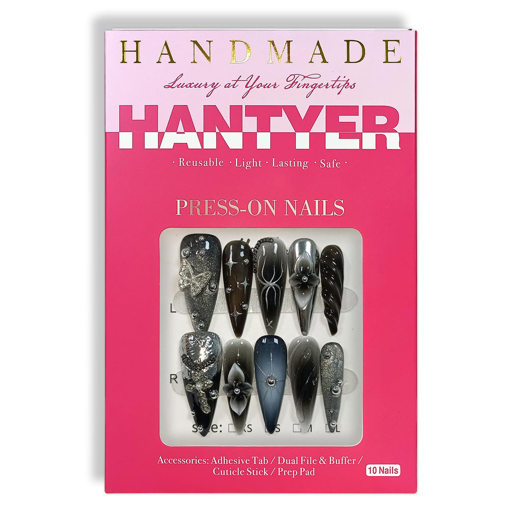 Hantyer Black Grey Press on Nails with 3D Carving Flowers, Silver Butterflies & Cross Charms, Long Stiletto Glossy Edgy Fake Nails, Reusable Dark Feminine False Nails for Women Goth Party