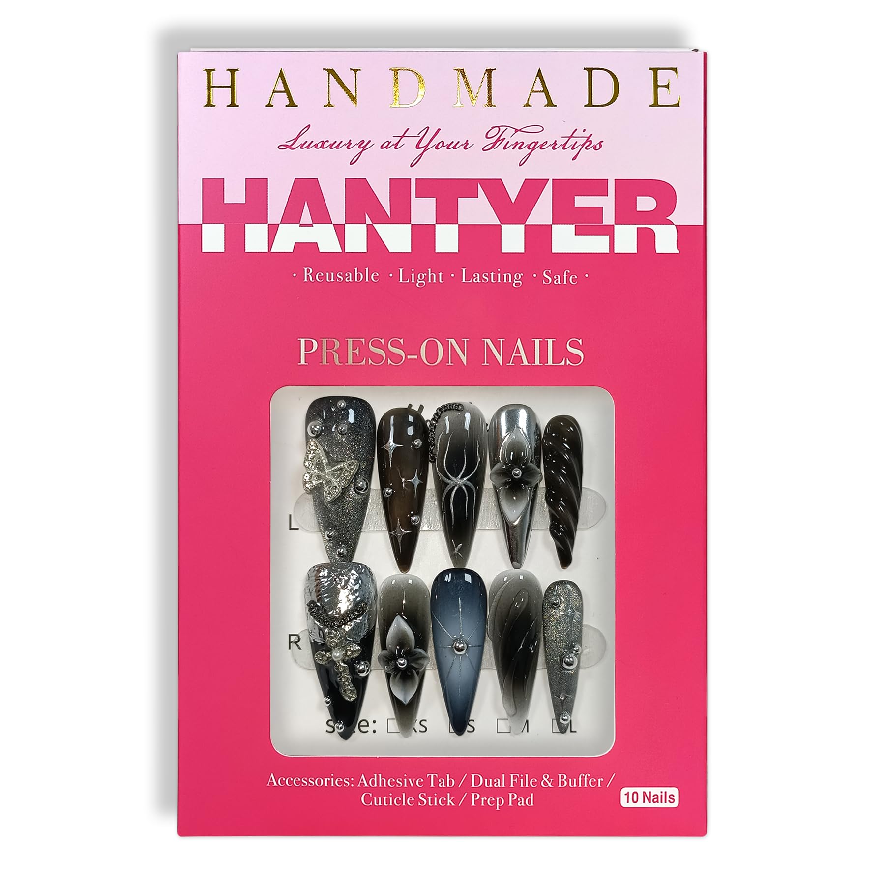 Hantyer Black Grey Press on Nails with 3D Carving Flowers, Silver Butterflies & Cross Charms, Long Stiletto Glossy Edgy Fake Nails, Reusable Dark Feminine False Nails for Women Goth Party