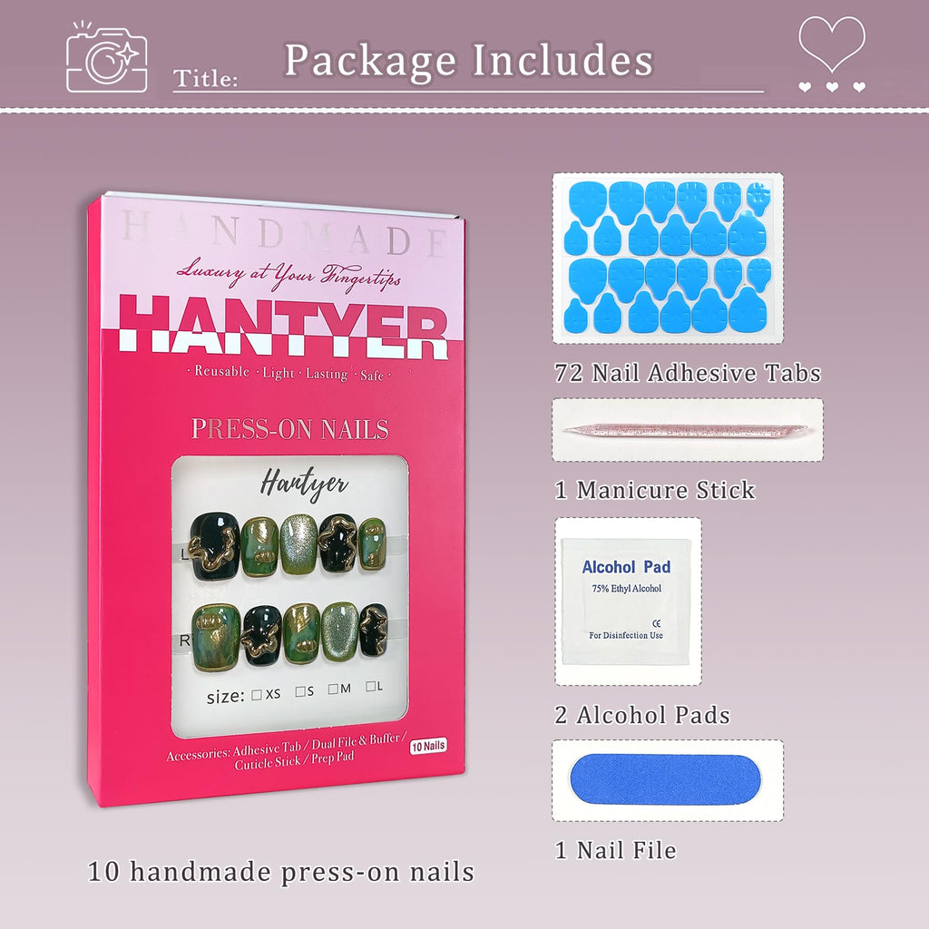 Hantyer Black to Dark Green Ombre Press on Nails with Hand-Painted Gold 3D Lines - Short Square Glossy Luxury Fake Nails, Reusable Elegant False Nails for Women Fall Winter Season Party