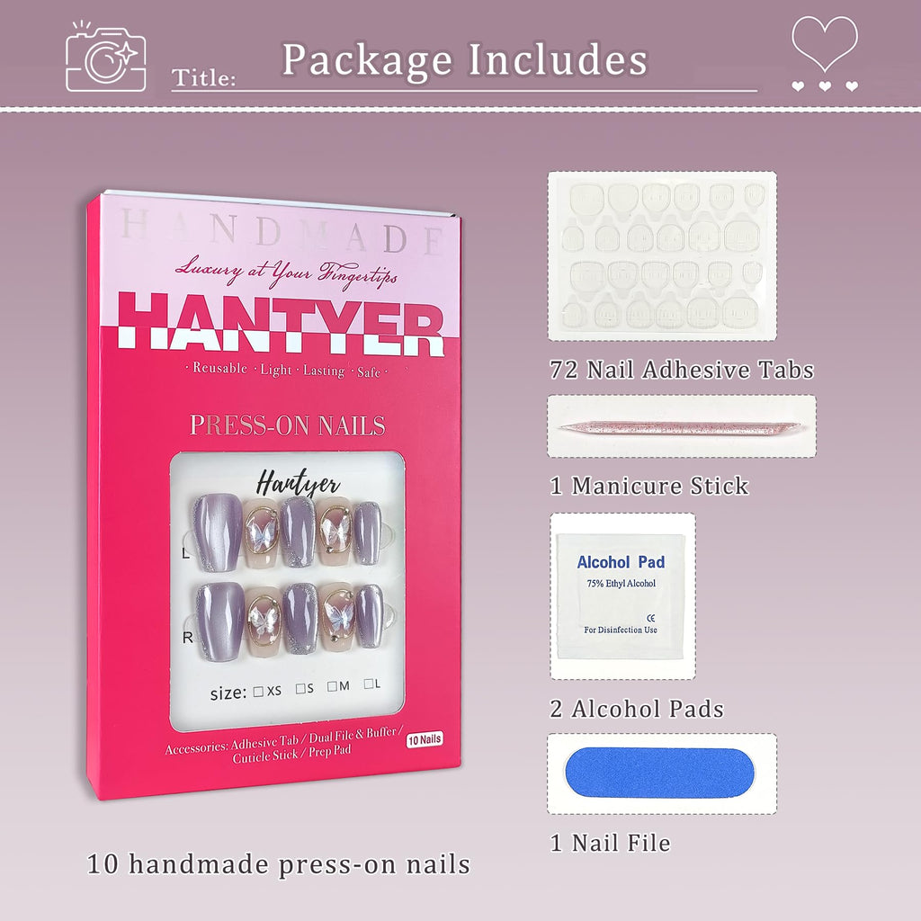 Hantyer Press on Nails, Medium Coffin Fake Nails, Purple Cat Eye & Hand-Painted Silver Lines, Butterfly Accents & Icy Lavender Glow, Gel Nails Sweet Style for Women Daily Wear & Party Events