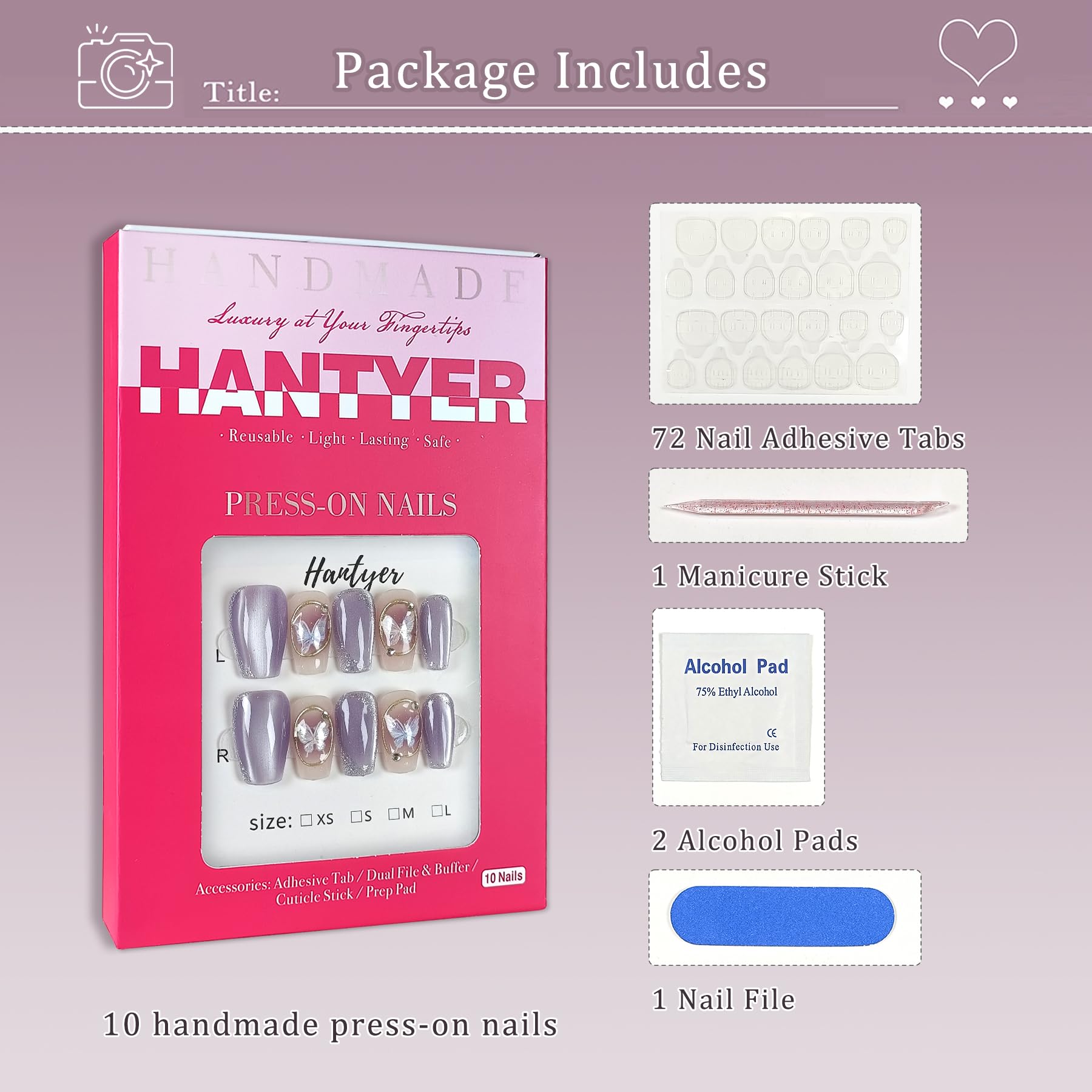 Hantyer Press on Nails, Medium Coffin Fake Nails, Purple Cat Eye & Hand-Painted Silver Lines, Butterfly Accents & Icy Lavender Glow, Gel Nails Sweet Style for Women Daily Wear & Party Events