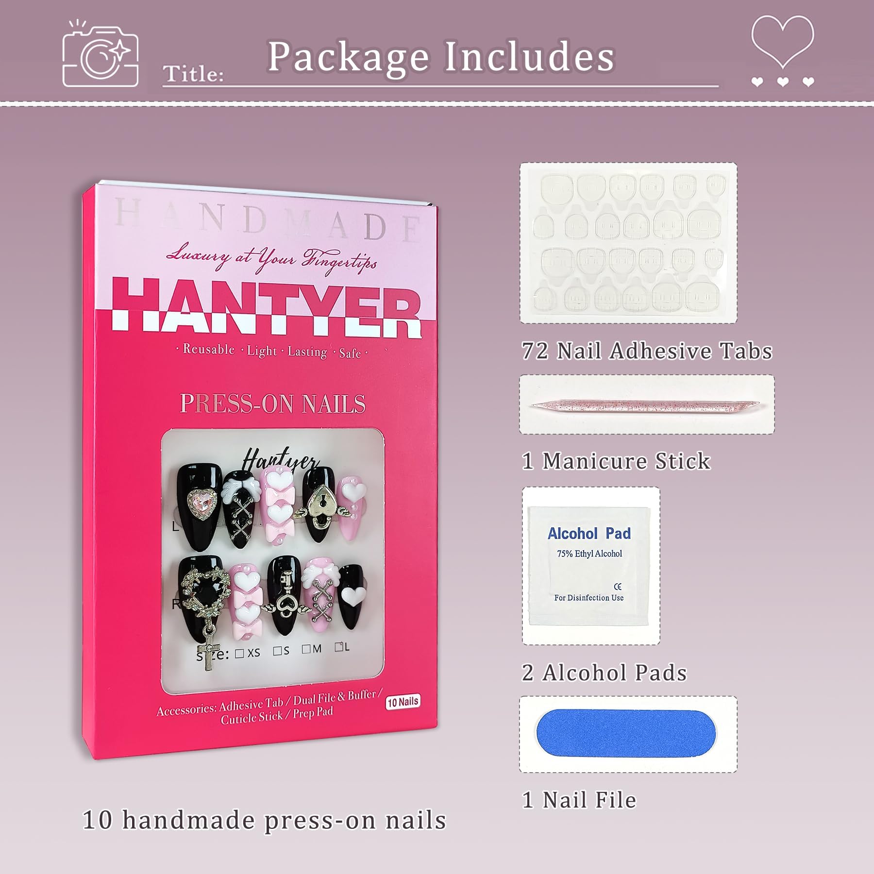 Hantyer 10Pcs Y2K Press on Nails with Tools Kit, Medium Almond Glossy Nails in Pink & Black, Handmade Nails with 3D Metal Charms (Heart/Cross) & Rhinestones, Edgy Punk Style for Women