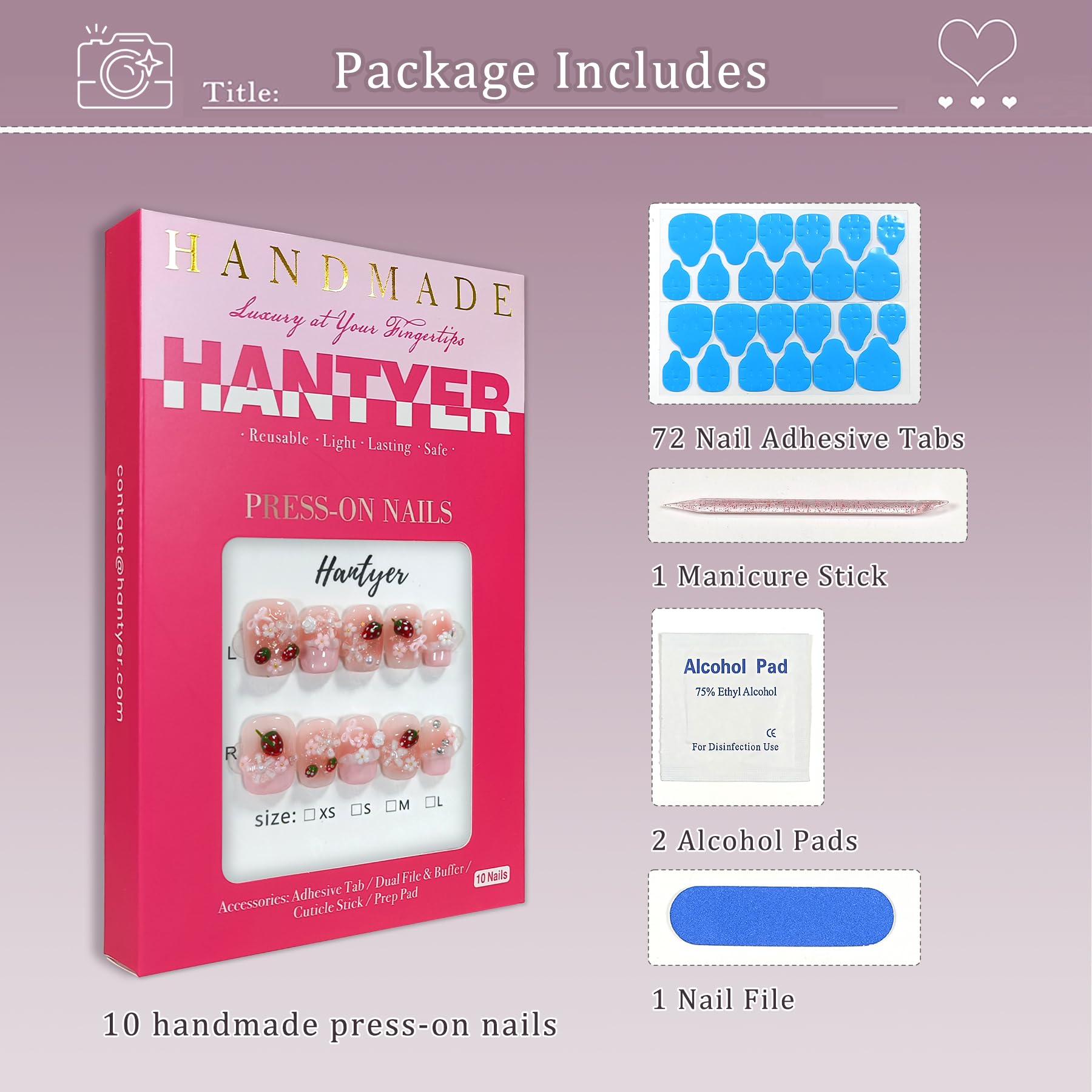 Hantyer 10pcs Pink French Tip Press on Nails with Pink Jelly Strawberry & Pearl Charms, Short Coffin Glossy Iced Sweet Fake Nails, Reusable Kawaii False Nails for Women Birthday Party