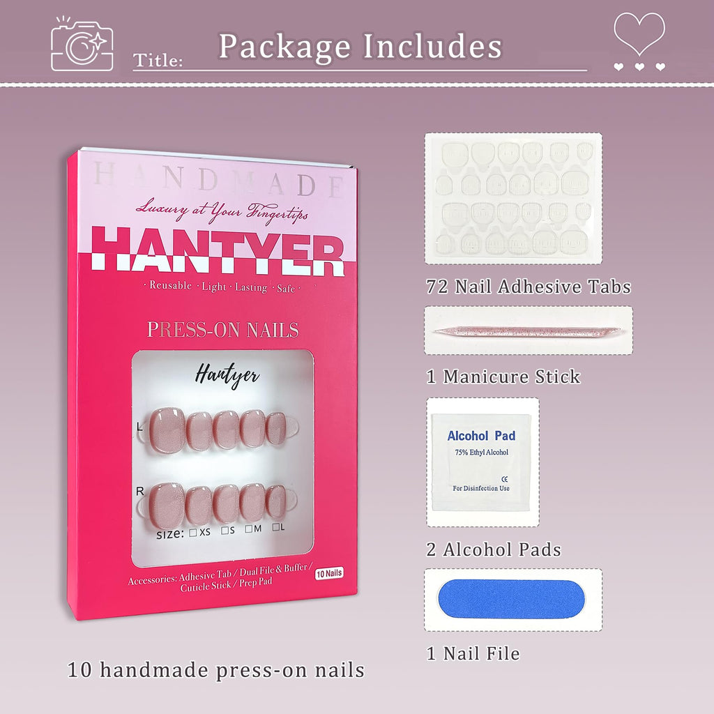 Hantyer Squoval Press On Nails, Handmade Soft Gel Nude Pink Glossy Fake Nails with Iridescent Glitter Sheen, Shimmer Jelly Design Full Cover Reusable False Nails 10PCS Kit