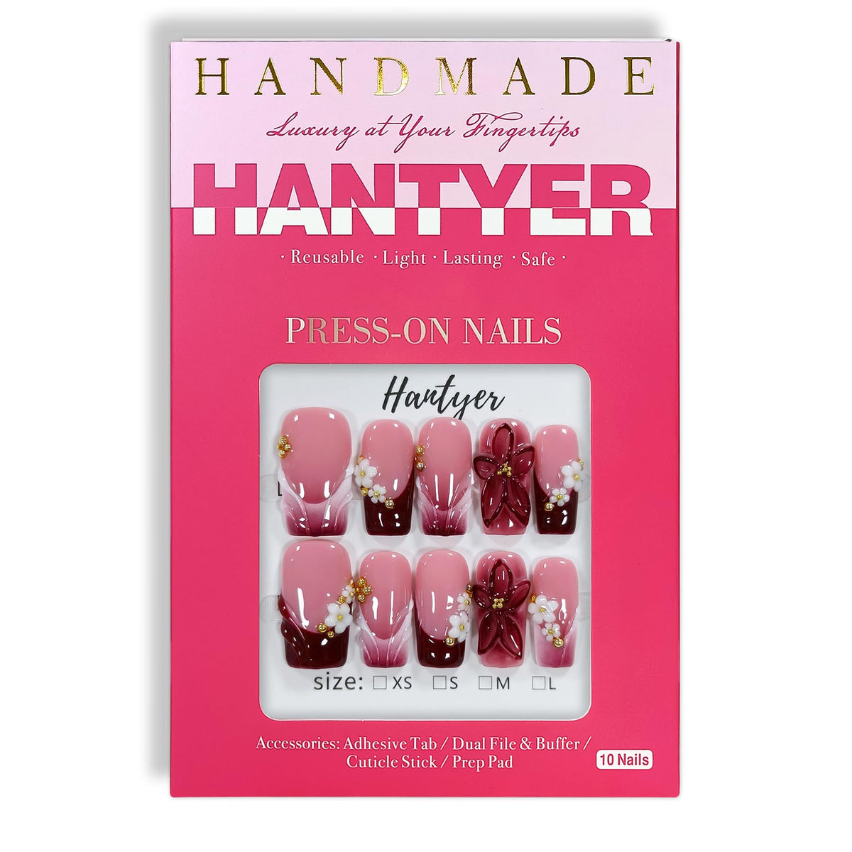 Hantyer Wine Red French Press on Nails, Medium Square False Nails