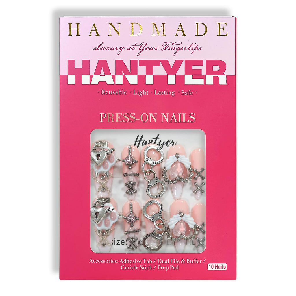 Hantyer Nude Ombre Gothic Press on Nails with Cat Paw Print & Silver Charms, Long Stiletto Glossy Sweet Cute Fake Nails, Reusable Kawaii False Nails for Women Birthday Party Cat Lover Gifts