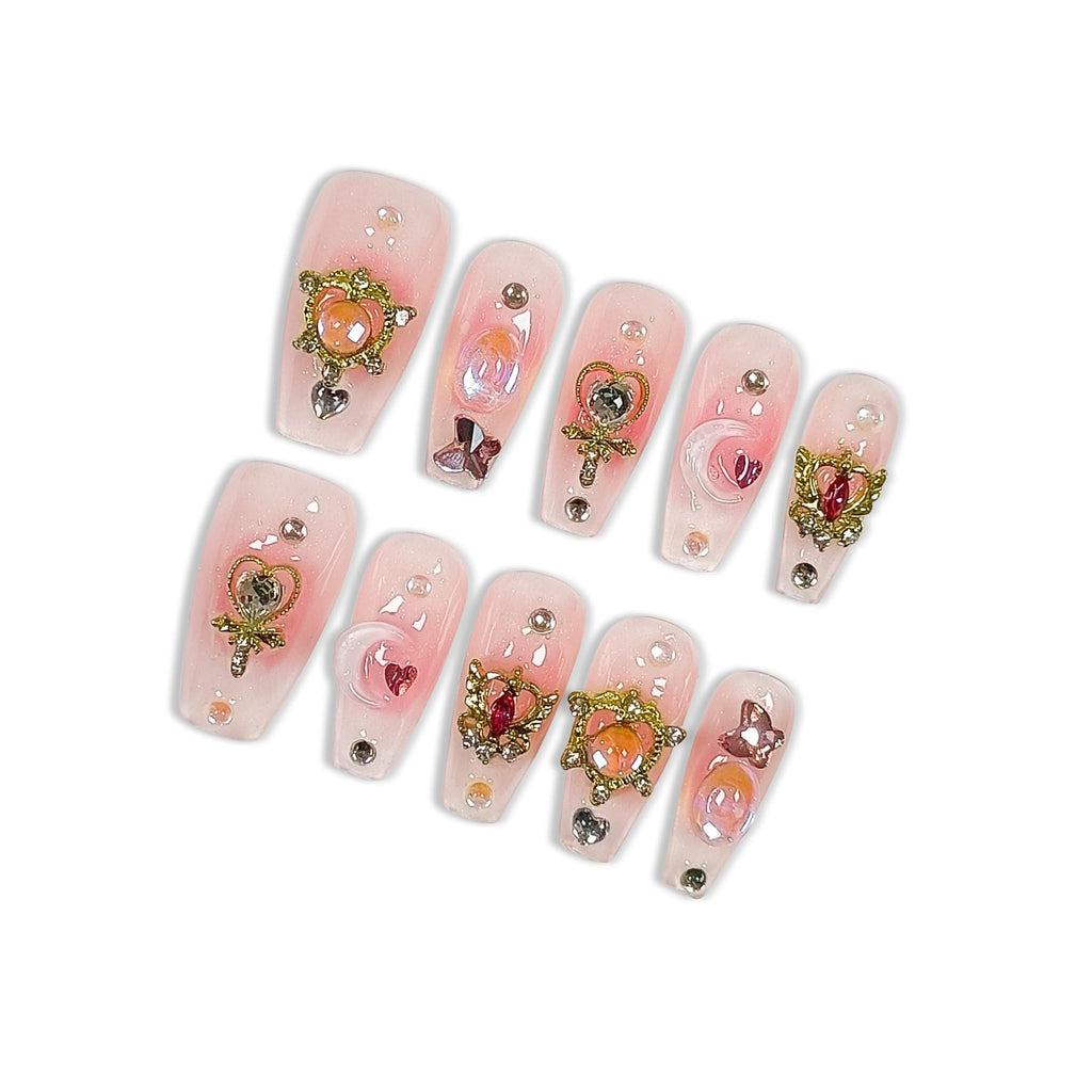 Hantyer Y2K Press on Nails with Tools Kit, Medium Long Coffin Glossy Nails, Fake Nails in Pastel Pink, False Nails with 3D Moon Charms, Kawaii Style for Anime Parties & Special Events
