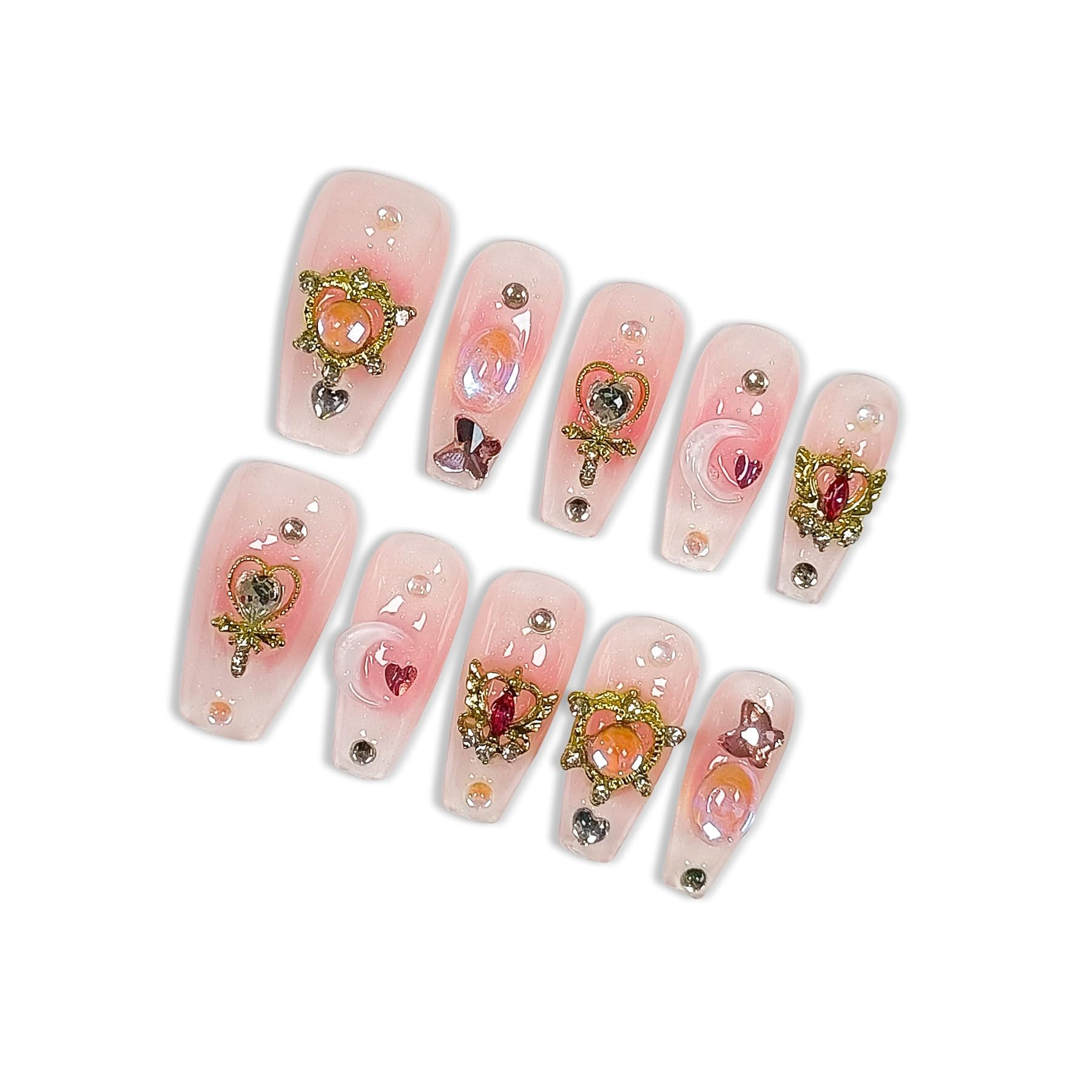 Hantyer Y2K Press on Nails with Tools Kit, Medium Long Coffin Glossy Nails, Fake Nails in Pastel Pink, False Nails with 3D Moon Charms, Kawaii Style for Anime Parties & Special Events