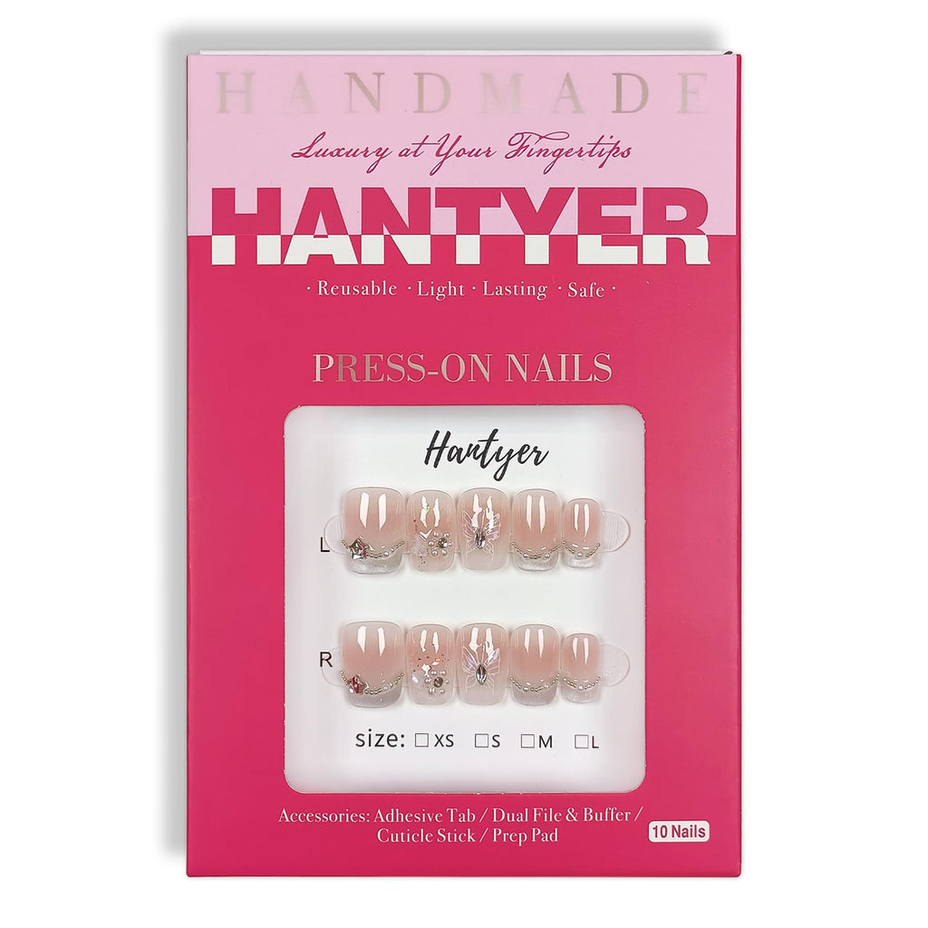 Hantyer Handmade Press On Nails Short Square,Acrylic French Crystal Cat Eye & Chain Pearl Butterfly Design Fake Nails,Cute Korean Pink False Nails 10PCS with Tools Kit for Women Daily