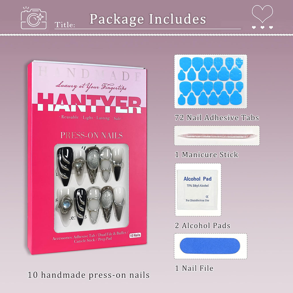 Hantyer Gothic Press on Nails with Tools Kit, 10pcs Long Stiletto Glossy Nails in Black & Metallic Silver, Hand-Painted 3D Art & Round Cat Eye Charms, Edgy Style for Concerts & Parties